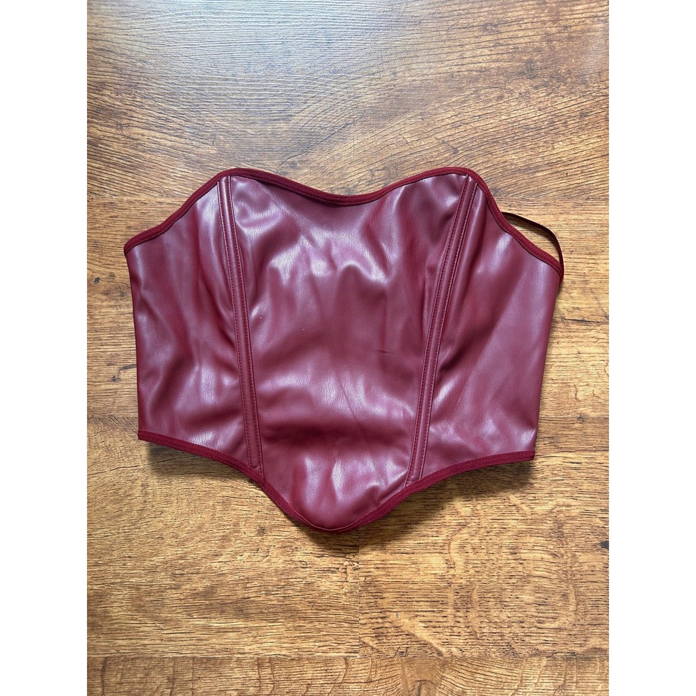Burgundy Faux Leather Corset Top Lace Up Back Sweetheart Neckline Boned Bodice S